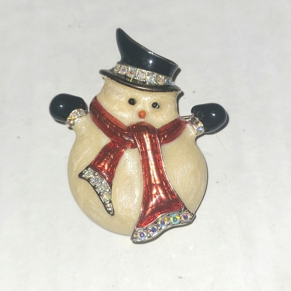 Vintage Snowman Brooch Anthropomorphic Enamel Rhinestone Red Scarf Estate Holidy - Picture 1 of 2